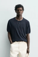 TRICOT T-SHIRT MET POLOSLUITING VAN 100% LINNEN