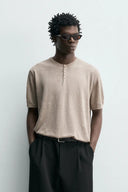 TRICOT T-SHIRT MET POLOSLUITING VAN 100% LINNEN