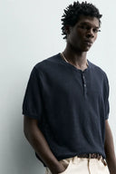 TRICOT T-SHIRT MET POLOSLUITING VAN 100% LINNEN