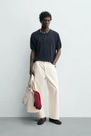 TRICOT T-SHIRT MET POLOSLUITING VAN 100% LINNEN